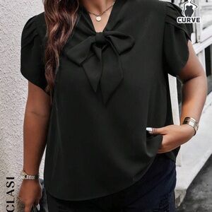 Tie Neck Petal Sleeve Blouse | Black